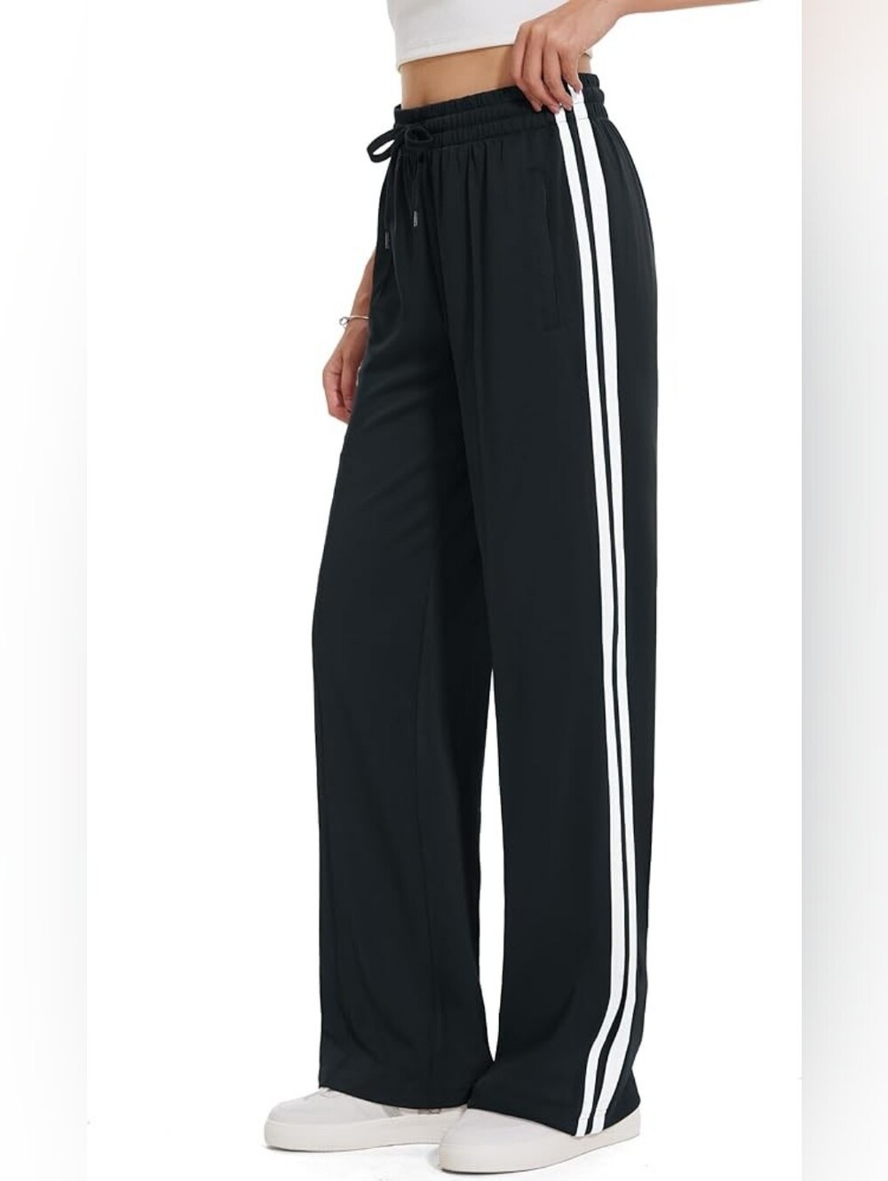 Tapata Women's Black Striped Loose Straight Leg Track Pants -Size XXL (34")